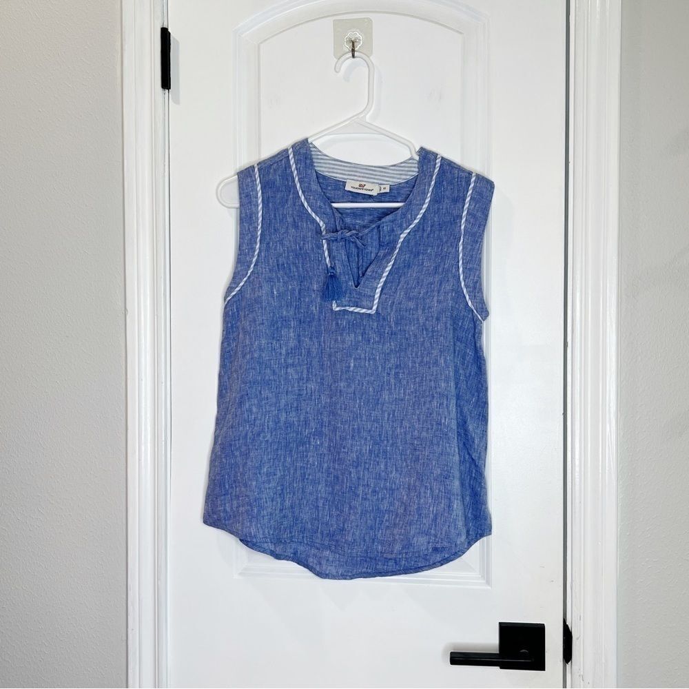 Vineyard Vines Linen Notch Neck Tassel Popover Tank Top Sz XS Blue